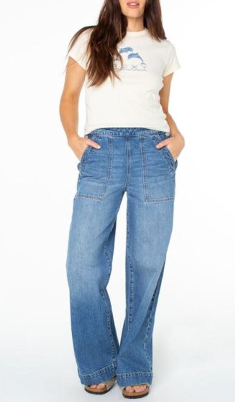 NWT Roxy Women's Blue Sea Plume Fixed Waist Denim Mid-rise Jeans 26